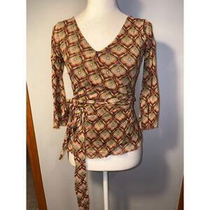 WESTON WEAR Geometric retro mesh hippie Wrap Top Long Sleeve V Neck Brown size S